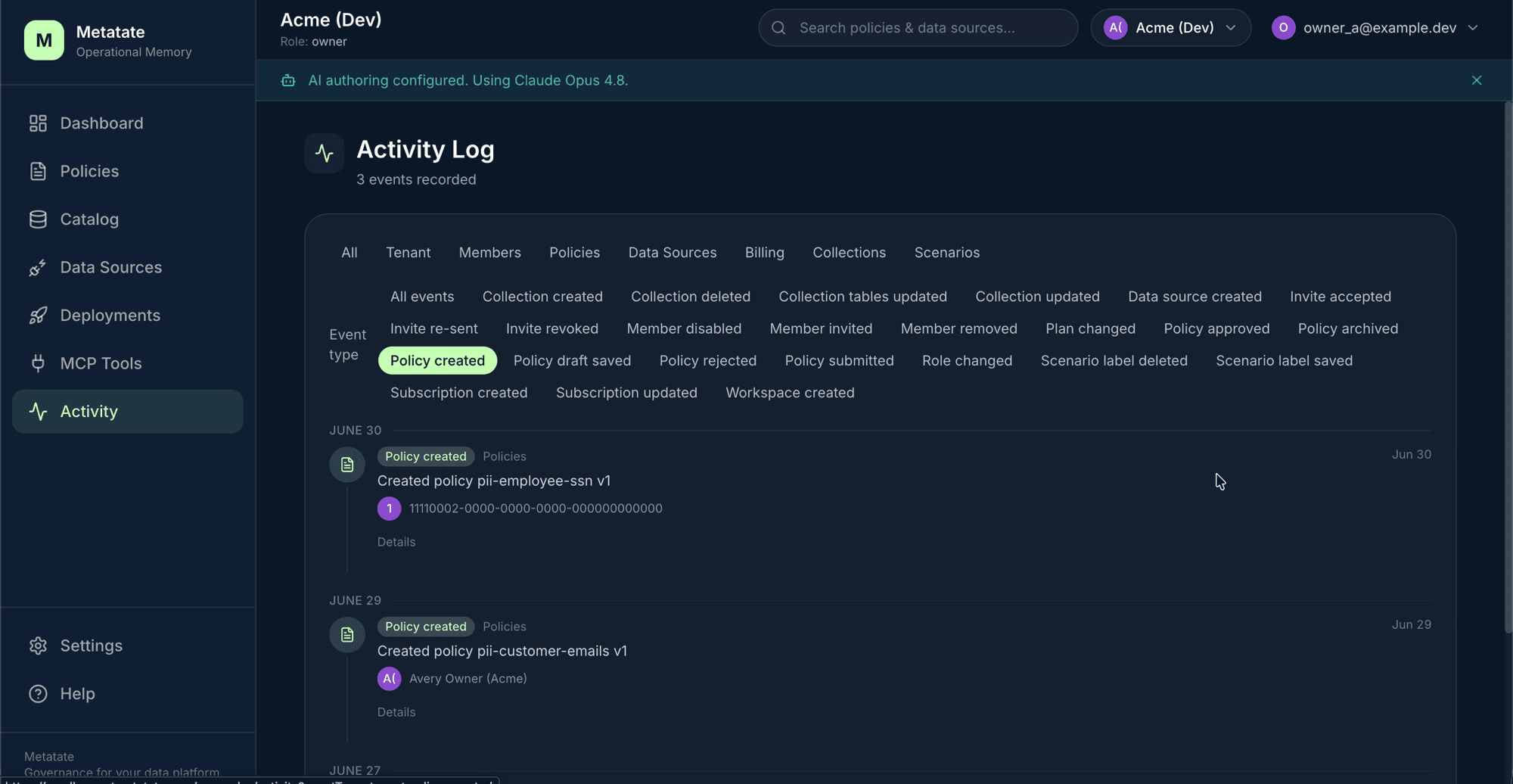 Activity log with filterable policy, membership, and workspace events