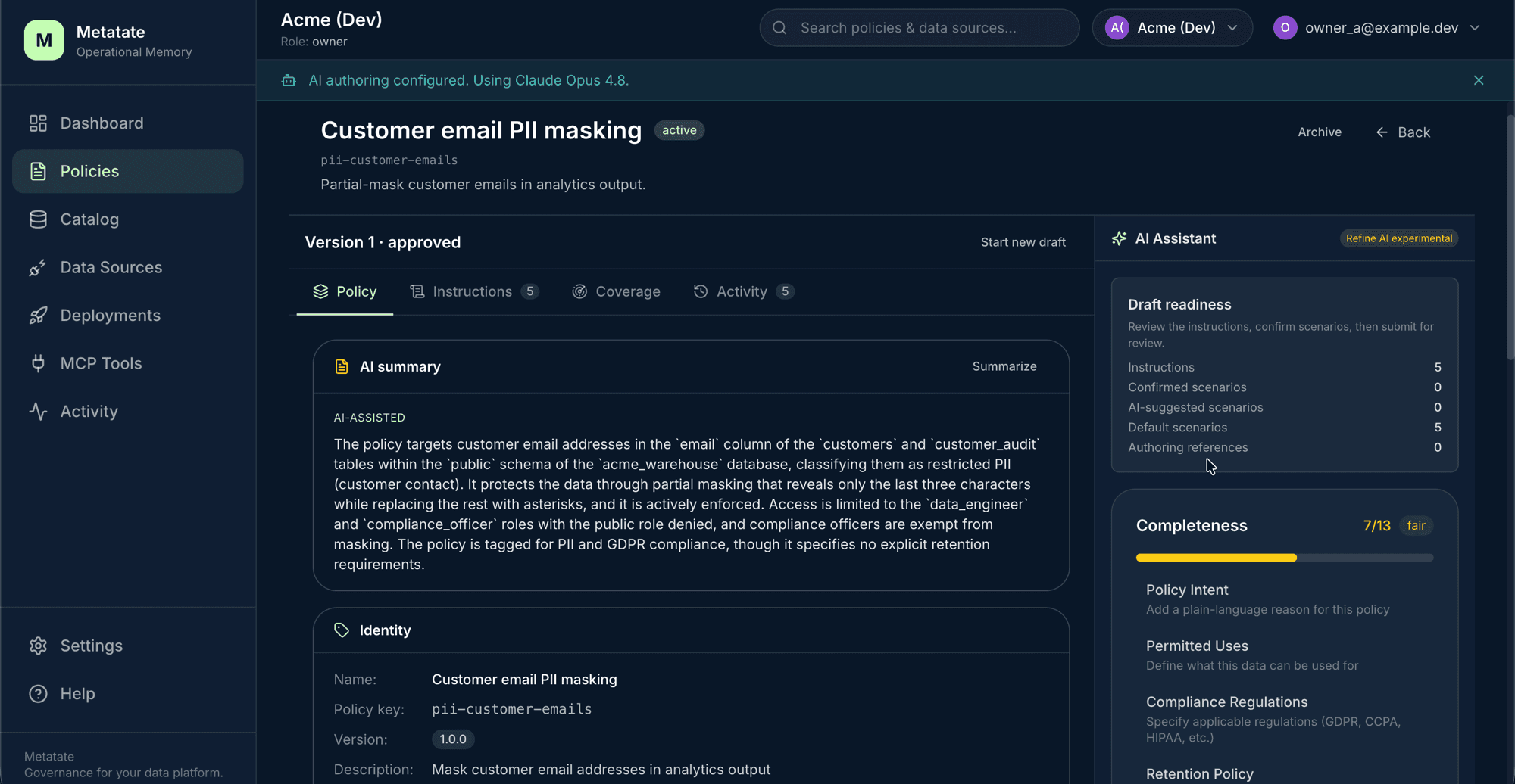 Policy detail with AI summary, draft readiness, and completeness score