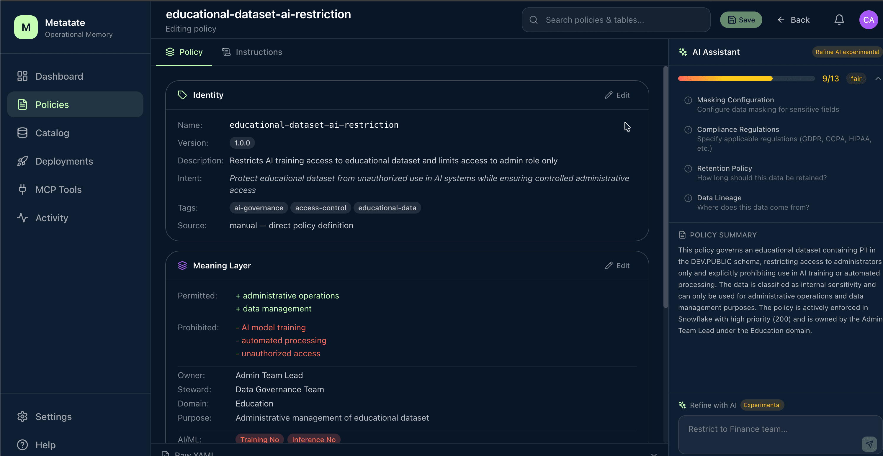 Policy detail view with meaning layer and permissions